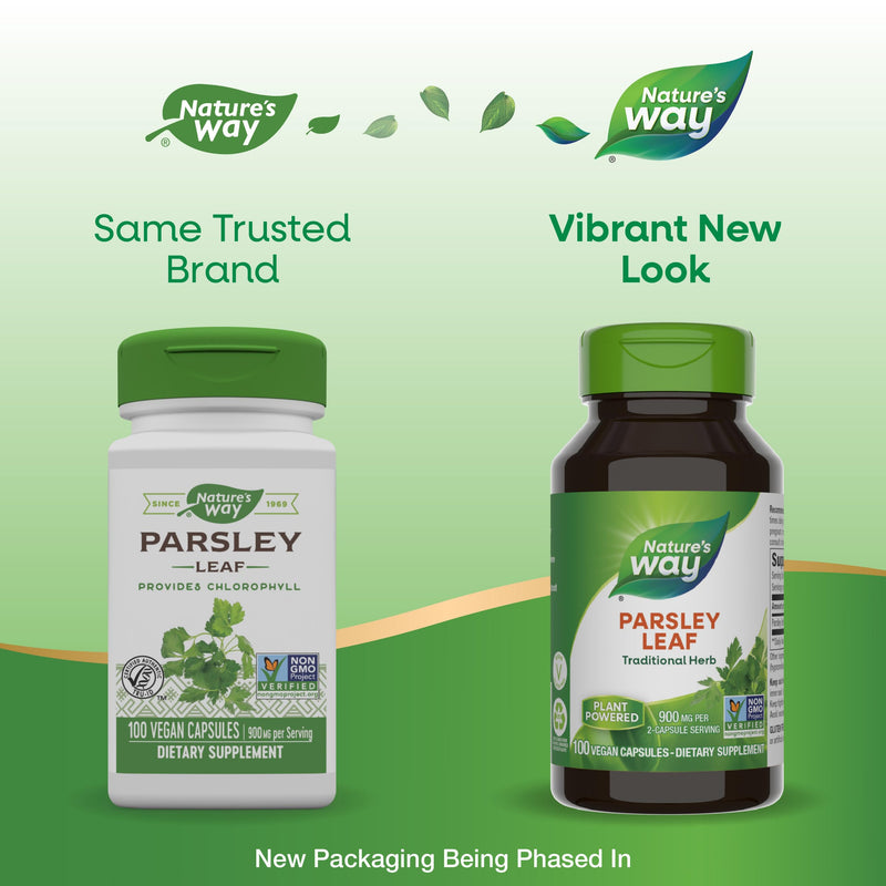 Nature's Way Parsley Leaf, Traditional Herb, 900 mg per 2-Capsule Serving, Non-GMO Project Verified, Vegan, 100 Capsules (Packaging May Vary) 100 Count (Pack of 1)