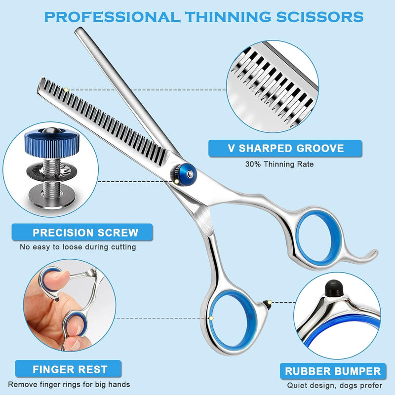 Dog Grooming Scissors Kit with Safety Round Tips, Professional 6 in 1 Grooming Scissors for Dogs, 4CR Stainless Steel Heavy Duty Titanium Coated Sharp & Durable Dog Thinning Shears For Pets, Blue - BeesActive Australia