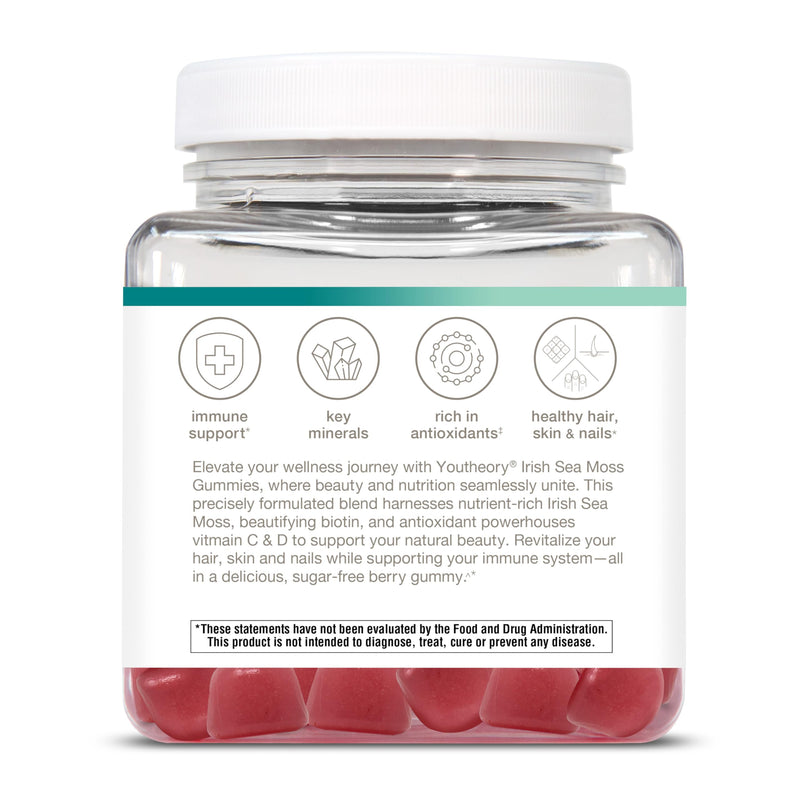 Youtheory Zero Sugar Irish Sea Moss Gummy, Berry, 90 Count, 45-Day Supply | Irish Sea Moss with Biotin and Vitamins C and D, Supports Hair, Skin, Nails, and Immune Health*, Delicious Sugar-Free Gummy 90 Count (Pack of 1)