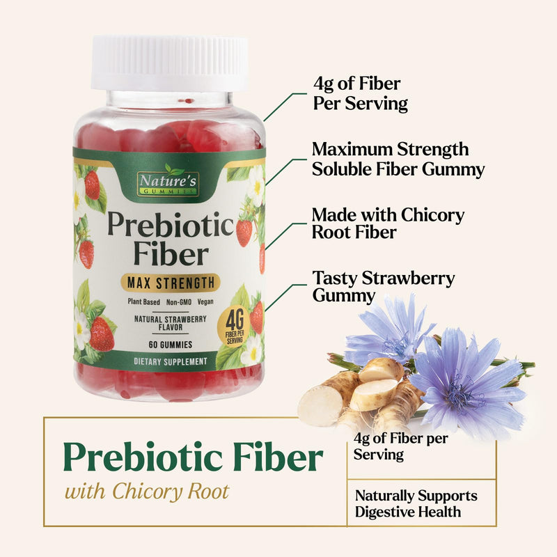 Prebiotic Fiber Gummies - 4g Dietary Fiber Per Serving - Extra Strength Daily Supplement for Adults - Tasty Strawberry Flavor - Plant Based Digestive and Regularity Support - 60 Gummies