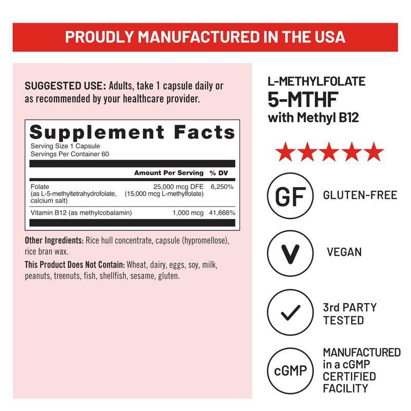 NatureWise L Methylfolate 15mg + B12 - L-Methylfolate 15mg + B12 Methylcobalamin 1000 mcg - Active 5-MTHF Form - Supports Mood & Energy - Vegan, Non-GMO, USA Manufactured - 60 Capsules [60-Day Supply]