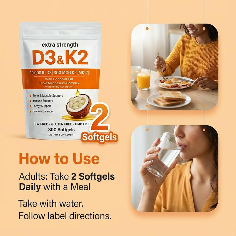 Vitamin D3 K2 Magnesium Complex, Extra Strength D3 & K2 with Triple Magnesium Softgels, D3 K2 Vitamin 10000 IU Softgels(1) 1