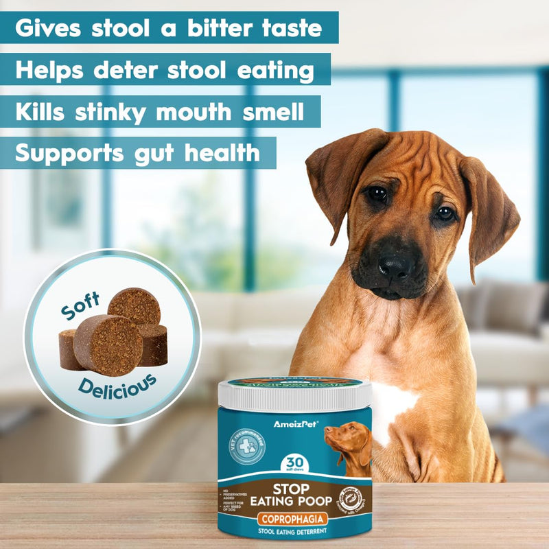 AmeizPet No Poo Treats for Dogs Stop Stool Eating Dog, Coprophagia Deterrent For Dog, Stop Dogs Eating Poop Deterrent, Digestive Enzymes, 30 Soft Dog Treats, 67.5g (2.3 Oz) Stop Poo Eating Deterrent 30 Treats