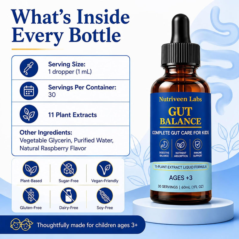 Gut Balance for Kids, 11-Plant Liquid, Raspberry, 60 Servings | Measured dropper, plant-based formula, no pills or capsules, simple daily use