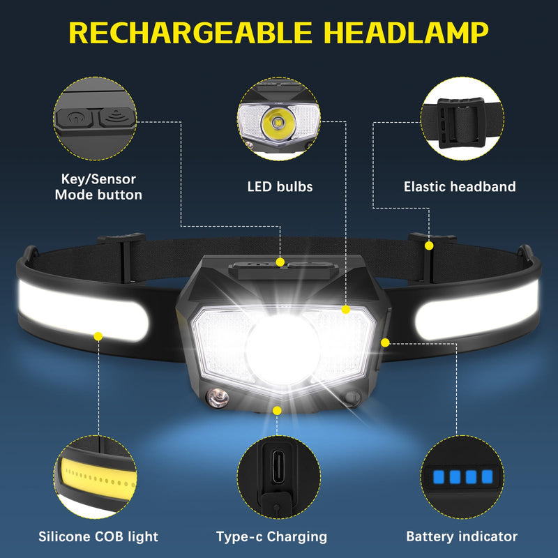 Headlamp Rechargeable 3Pack, 230°Wide Beam COB & 60° Super Birght LED Head Lamp with White Red Light, 7Mode Head Lights for Forehead with Motion Sensor, Headlamps for Adults Camping Running Hiking 3 Pack