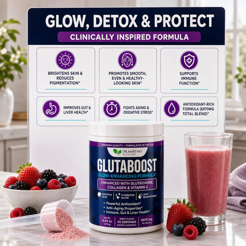 6970mg Glutathione Powder for Skin Brightening, Collagen & Vitamin C | Berry Flavor Drink Mix, L-Glutathione, Fades Dark Spots, Anti-Aging Antioxidant, Clear Skin Supplement for Women, 30 Servings