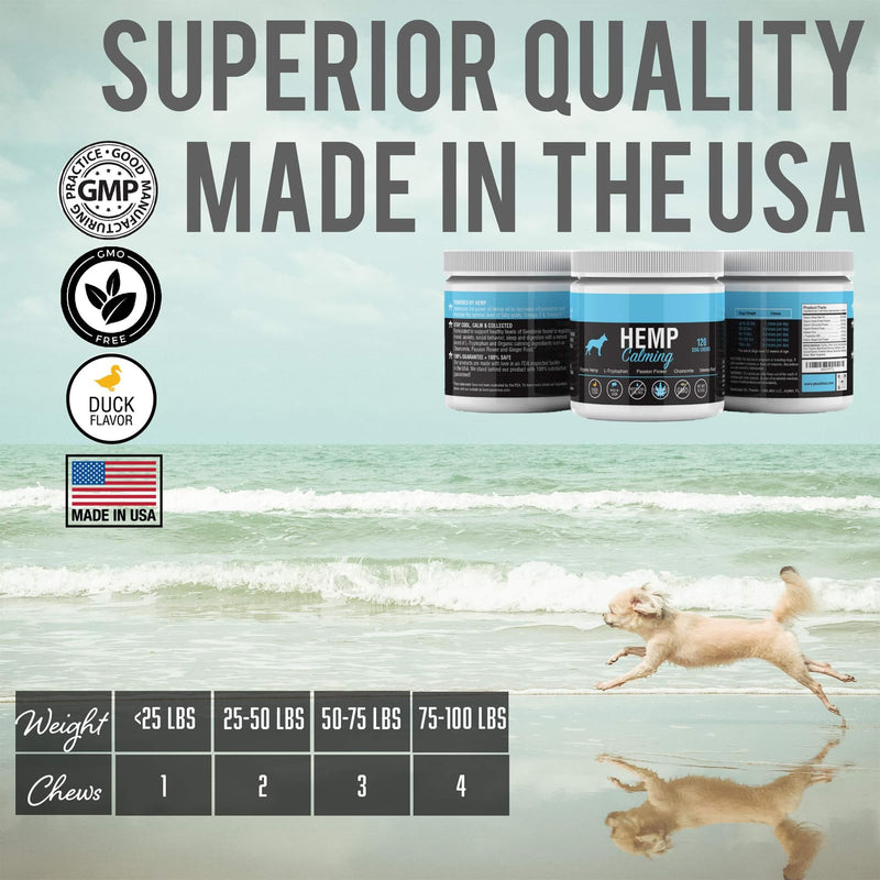 Calming Treats for Dogs with Organic Hemp Oil, Tryptophan, Chamomile, Passion Flower & Valerian - Stress & Anxiety Relief for Separation, Travel, Fireworks, Storms and Barking - 120 Soft Chews..