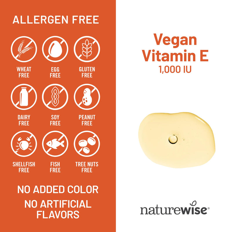 NatureWise Vitamin E 1000 IU Softgels (450mg dL-Alpha) - Vegan, Gluten-Free, Soy-Free, Non-GMO Antioxidant Dietary Supplement for Skin, Heart, Eye, and Immune Health Support - 60-Day Supply, 120 Count