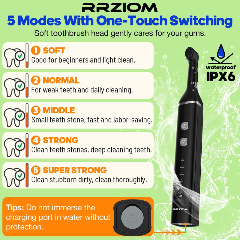 Tooth Polisher, RRZIOM Rechargeable Teeth Polisher for Teeth Whitening and Cleaning Kit, Waterproof Tooth Polish Dental Tools with LED Light, 5 Brush Heads, 5 Speed Modes, Tooth Polishing Kit Black-1 - BeesActive Australia