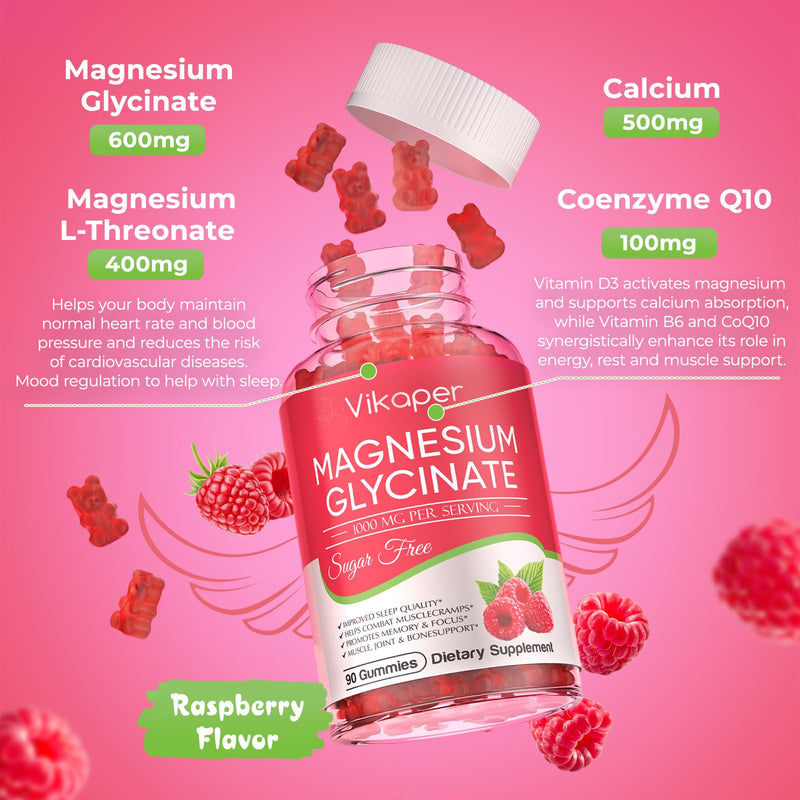 Magnesium Glycinate Gummies 1000mg Complex,Sugar Free Magnesium Supplement with Magnesium L-Threonate,Calcium,Potassium,Vitamin D3,B6 & CoQ10,Gelatin Free Raspberry Gummies for Adults,2 Pack,180 Ct 90 Count (Pack of 2)