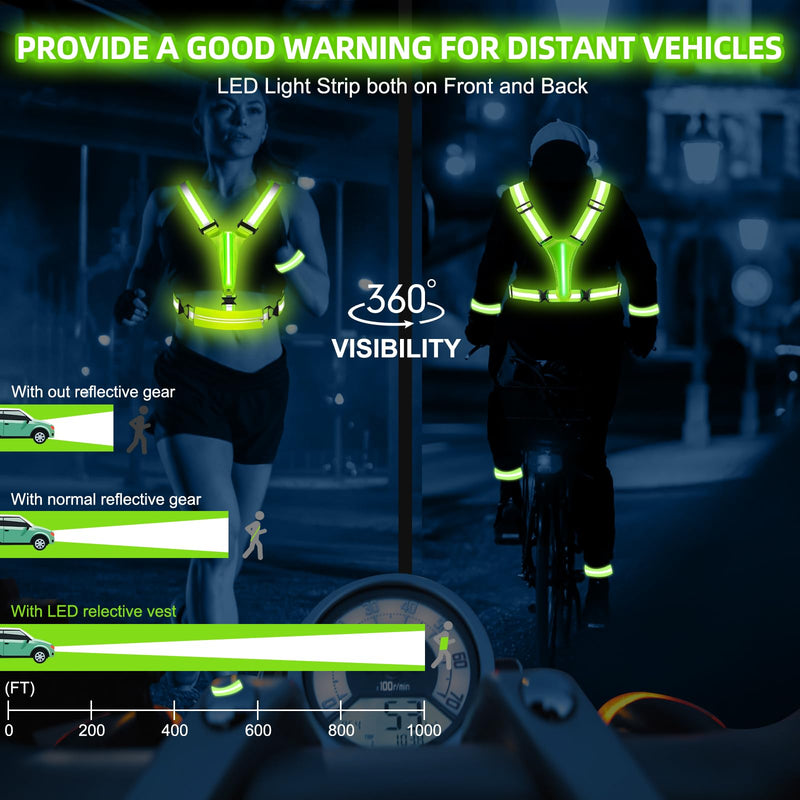 JZ LED Reflective Vest Running Gear-Reflective Vest for Walking at Night, High Visibility Night Running-Rechargeable Adjustable Led Light Up Running Vest with Armband for Runners Walkers Men Green