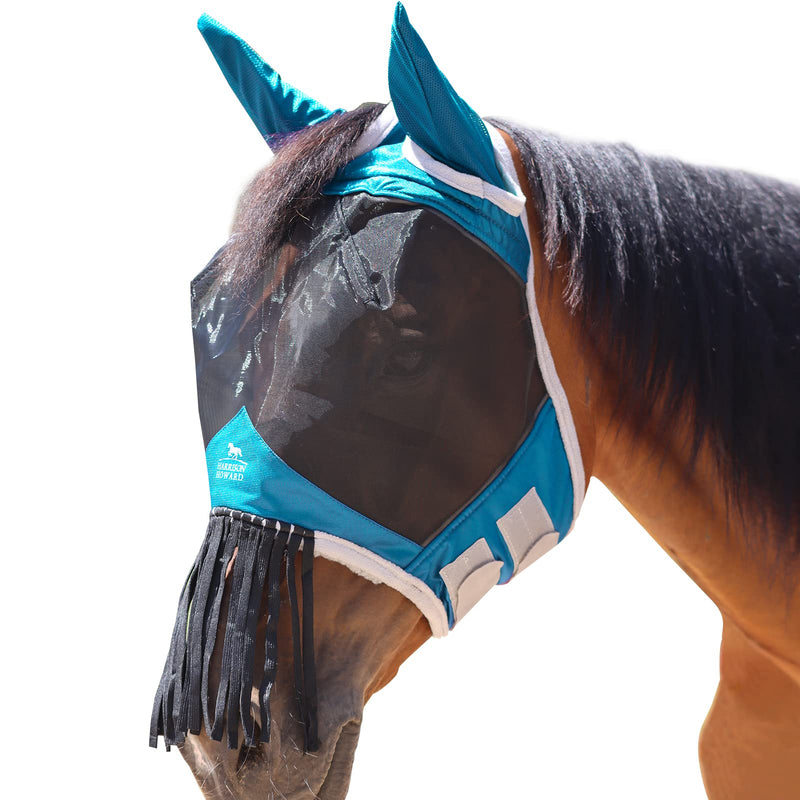 Harrison Howard CareMaster Horse Fly Mask with Ears and Nose Fringe Fly Protector Defender Mask Sky Blue Full Size Full (Large) - BeesActive Australia