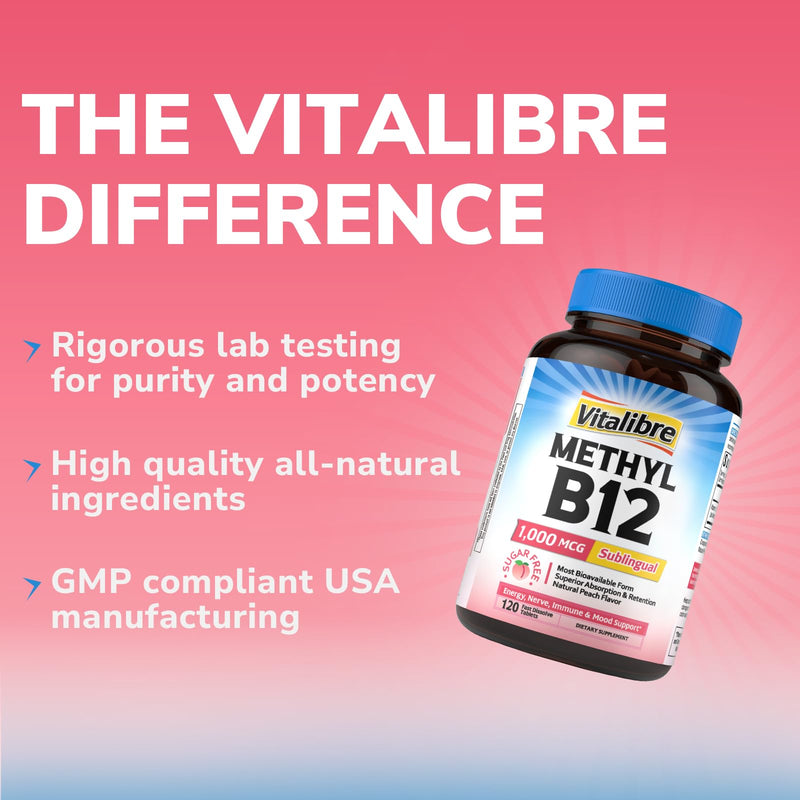 Vitalibre Vitamin B12 1000 mcg, Sublingual Methylcobalamin, Natural Peach Flavor, Nervous System Health, Energy Support, No Sugar, 120 Fast Dissolve Tablets