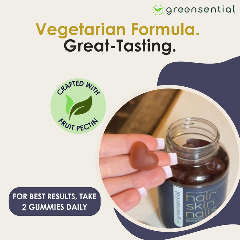 Greensential Hair, Skin & Nails Gummies - Complete Vitamin Complex with Natural Ingredients - Fuller Hair Support - No Artificial Colors, Natural Strawberry Flavor, Made in USA, 60 Ct