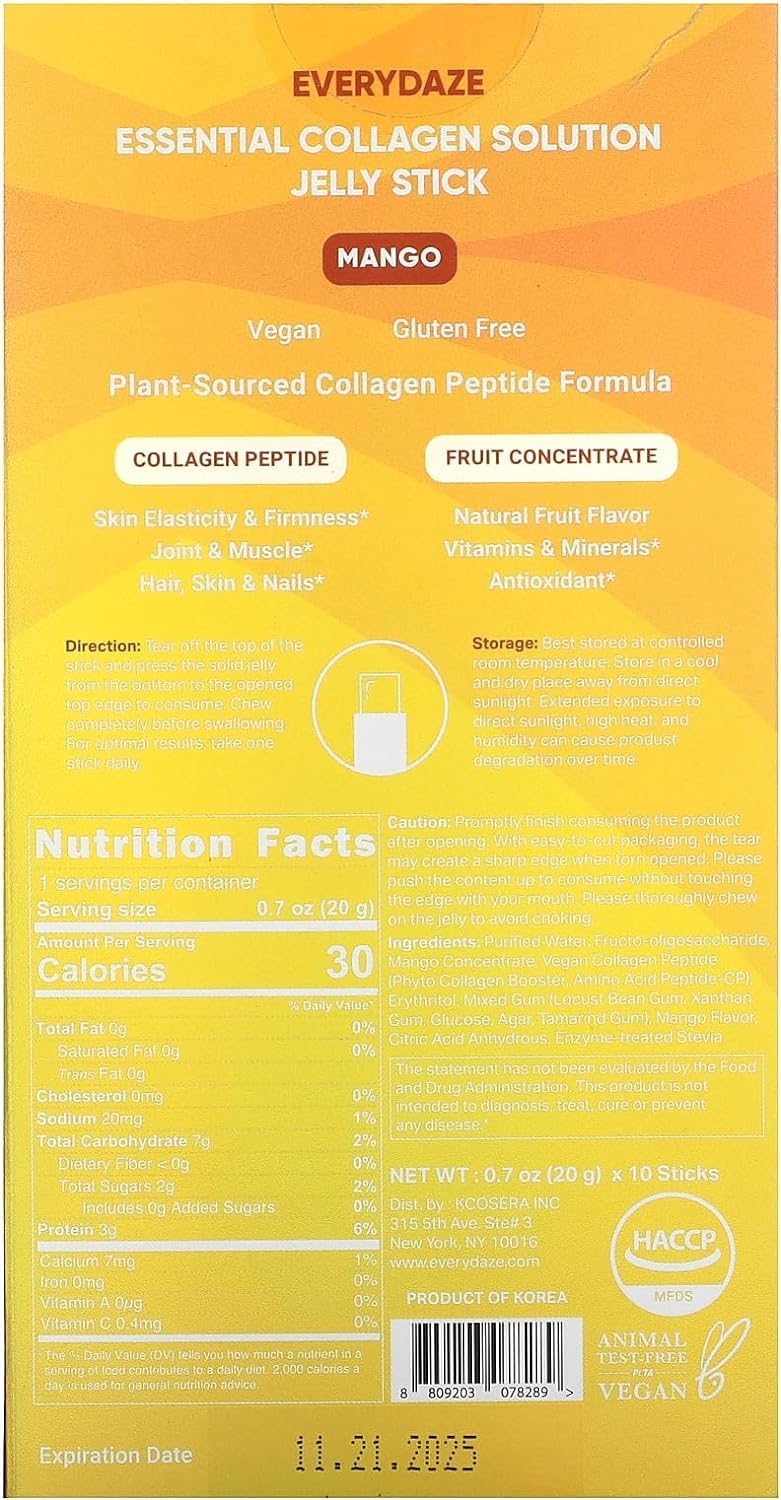 EVERYDAZE Essential Collagen Solution Jelly Stick | Plant-Based | Mango | 10 Packs | Vitamins, Minerals, Antioxidants for Men & Women