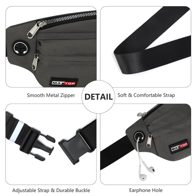 MAXTOP Large Crossbody Fanny Packs for Men Women with Headphone Jack and 5-Zipper Pockets Adjustable running belt for Outdoors Yoga Traveling Casual Running Hiking Dark Grey