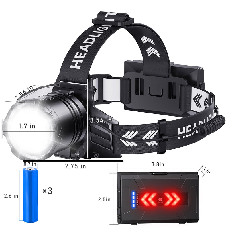 Super Bright Headlamp Rechargeable 2000 Lumens, 7 Modes Head Lamp, Zoomable Head Light for Forehead, 90° Adjustable Headlamps for Adults, Long Runtime & Waterproof Fishing, Camping Black 1 Pack