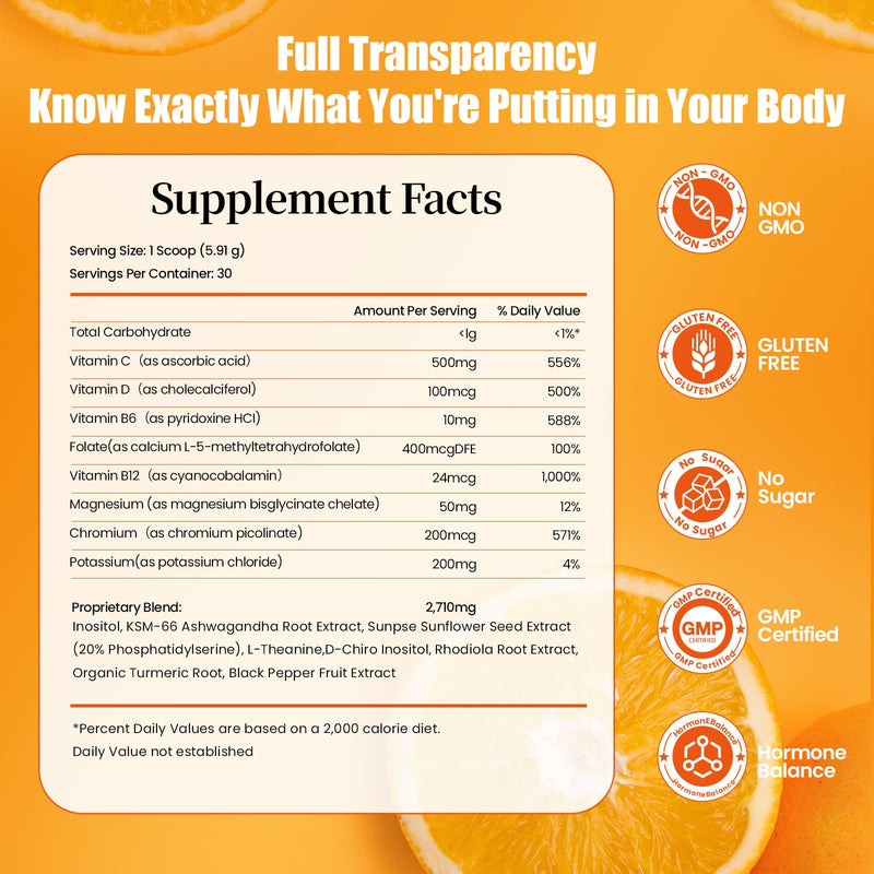Cortisol Reducer Drink Mix Powder, Refreshing Orange Supplement with Ashwagandha, Magnesium Glycinate & L-Theanine for Calm, Focus Stress Response Support Bulk Resealable Bag with Scoop (60 Servings)