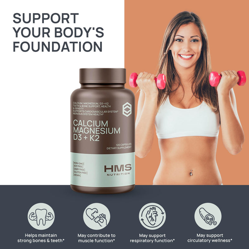 HMS Nutrition Calcium, Magnesium, Vitamins D3 + K2 for Bone Health, Immune Support, Bones & Teeth Calcium Supplement for Women & Men, Non-GMO, Gluten-Free, 120 Capsules