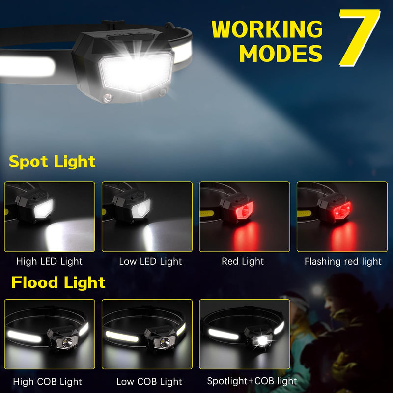 Headlamp Rechargeable 3Pack, 230°Wide Beam COB & 60° Super Birght LED Head Lamp with White Red Light, 7Mode Head Lights for Forehead with Motion Sensor, Headlamps for Adults Camping Running Hiking 3 Pack