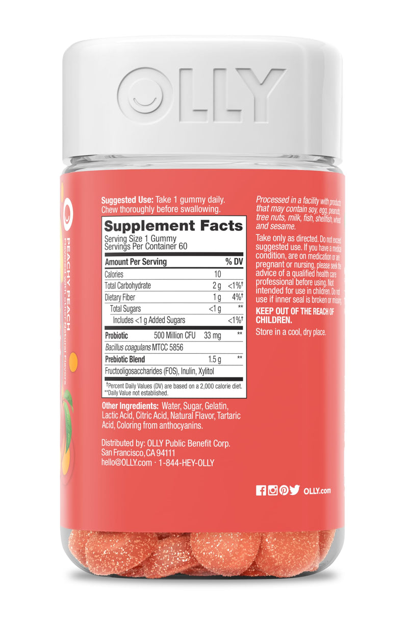 OLLY Probiotic + Prebiotic Gummy,Digestive Support and Gut Health,500 Million CFUs,Fiber,Adult Chewable Supplement for Men and Women,Peach,60 Day Supply -,60 Count (Pack of 2) 60 Count (Pack of 2) Nutritional Supplement