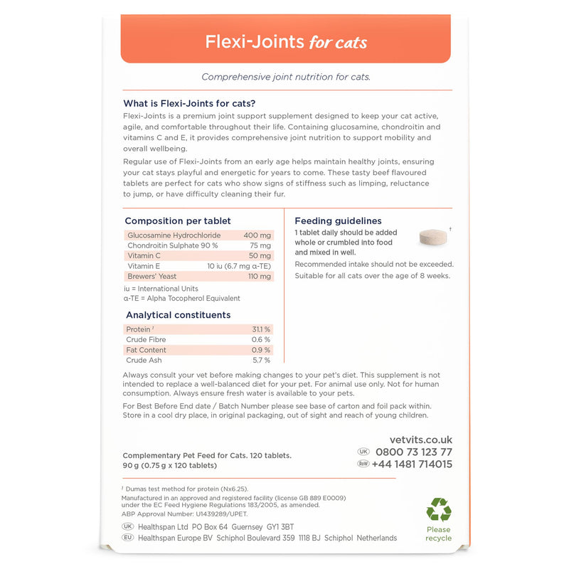 by Healthspan Flexi-Joints For Cats (4 months' supply) | Advanced Blend of Glucosamine & Chondroitin to support your cat's joint health | With Vitamins C & E | Tasty beef flavoured
