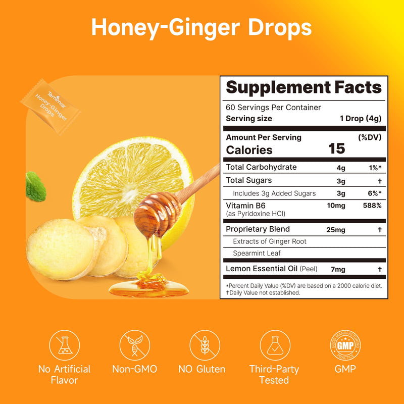 Honey-Ginger Drops for Nausea Relief, Support Upset Stomach & Motion Sickness Relief, Added Ginger & Vitamin B6 for Pregnant Women Morning Sickness, 60 Individually Lozenges Honey-Ginger 60 Count