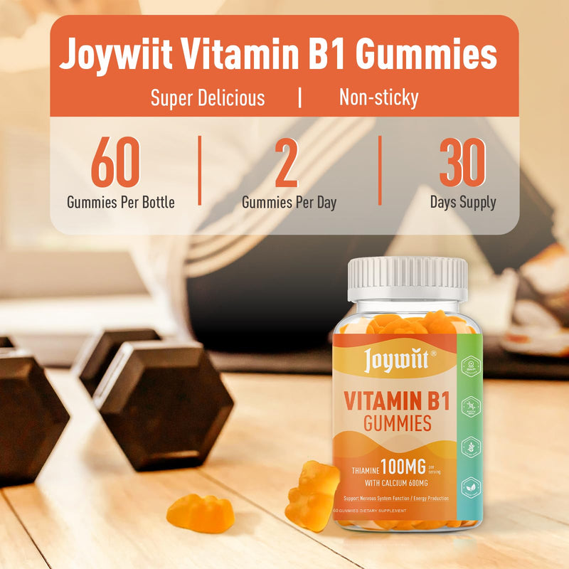 Vitamin B1 100mg Gummies, Thiamine Supplement for Adults | Thiamine B1 Supplement with 600mg Calcium, Nerve Supports & Boost Energy, Orange Flavor, Non GMO, Vegan 60 Count (Pack of 1)
