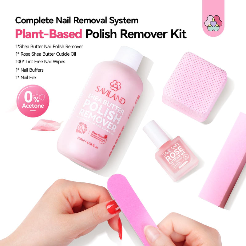 SAVILAND Plant-Based Nail Polish Remover Kit: 6.76 fl.oz Non Acetone Fingernail Polish Remover Shea Butter Nail Remover with Castor Oil VE Cuticle Oil & Nail Removal Tools for All Nail Polish Types Pink-1