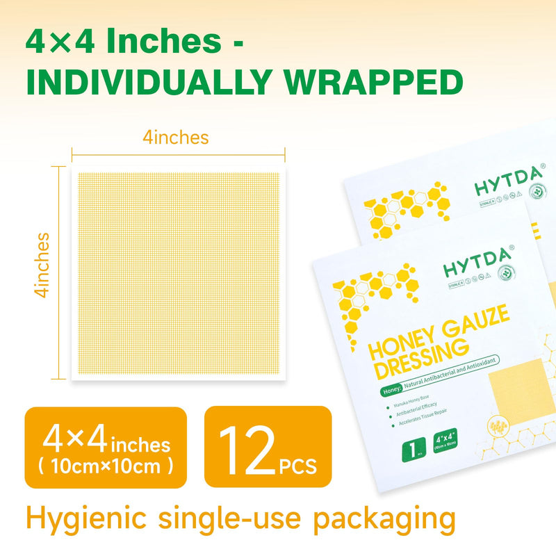 Manuka Honey Gauze Dressing, 4×4 Inches, 12 Individual Pack, Non Stick Gauze Pads, Manuka Honey Wound Care for Wound Healing from Burns, Abrasions, Cuts and Scald, FSA or HSA 4×4 Inch