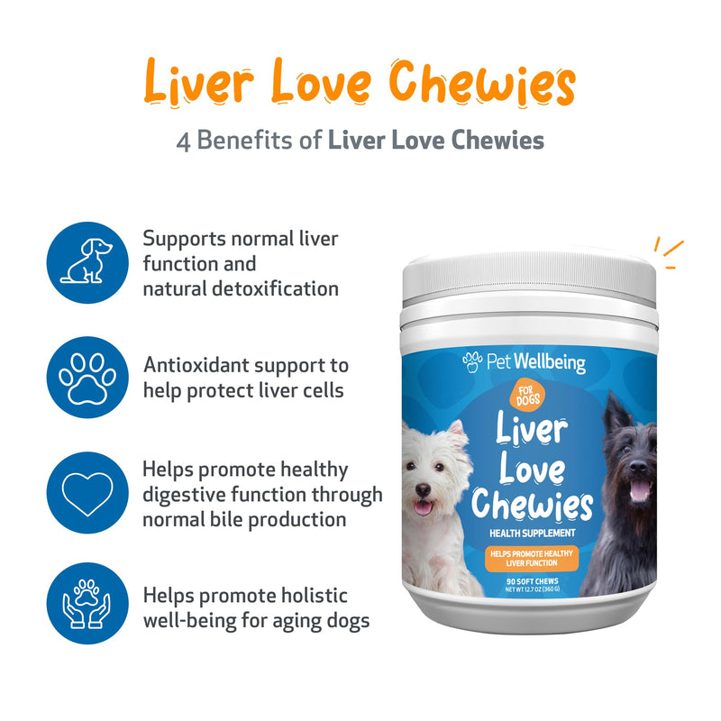 Pet Wellbeing Liver Love Chewies for Dogs - Veterinarian-Formulated - Supports Healthy Liver Function, Detoxification, Antioxidant Protection, Milk Thistle, Artichoke, Jujube, Beets - 90 Soft Chews