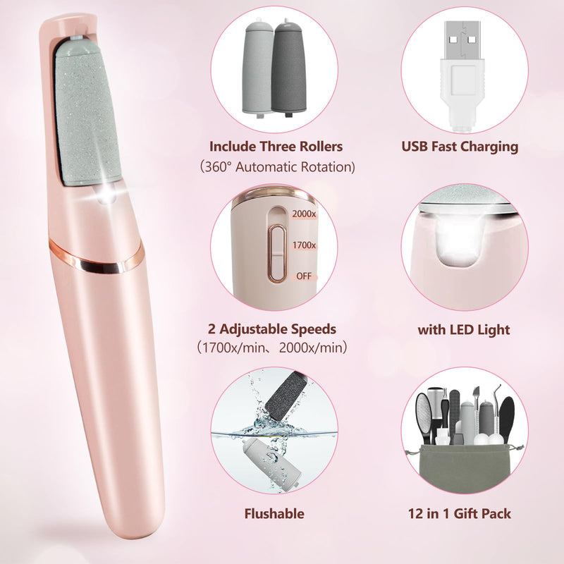 Electric Callus Removers for Feet, Haootadiy Electric Foot Callus Remover Pedicure Kits Rechargeable with12 in 1, Removes Dry Skin for Smoother Feet, Foot Care for Dead Skin Ideal Gift, Assorted Pink - BeesActive Australia
