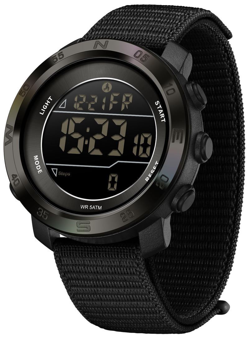 findtime Mens Digital Sport Watch Pedometer Step Counter Watches Military Minimalist Waterproof Tactical Outdoor Army Wrist Watch Dual Time Led Countdown Stopwatch Alarms Nylon Strap, No App Black