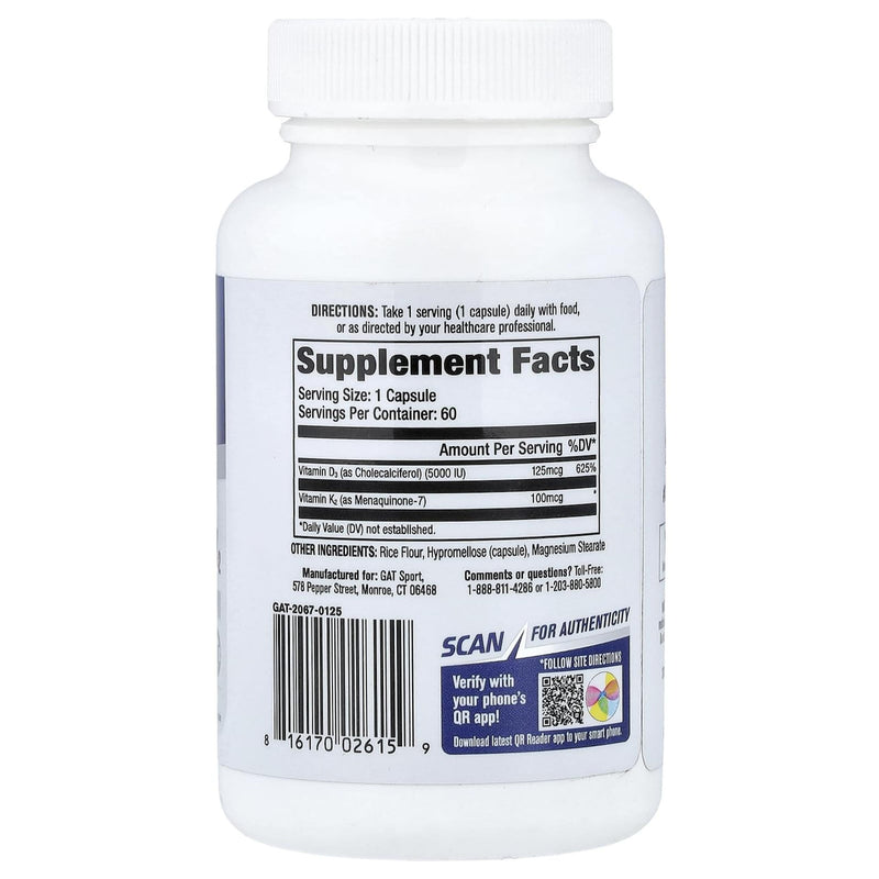 GAT SPORT Vitamin D3 K2, 5000 IU (125 mcg) Vitamin D, 60 Day Supply, Dietary Supplement for Bone, Teeth, Muscle and Immune Health Support, 60 Veggie Caps | Vitamin D3 & Vitamin K2 for Strong Bones & Teeth, Heart Health & Immune Health*