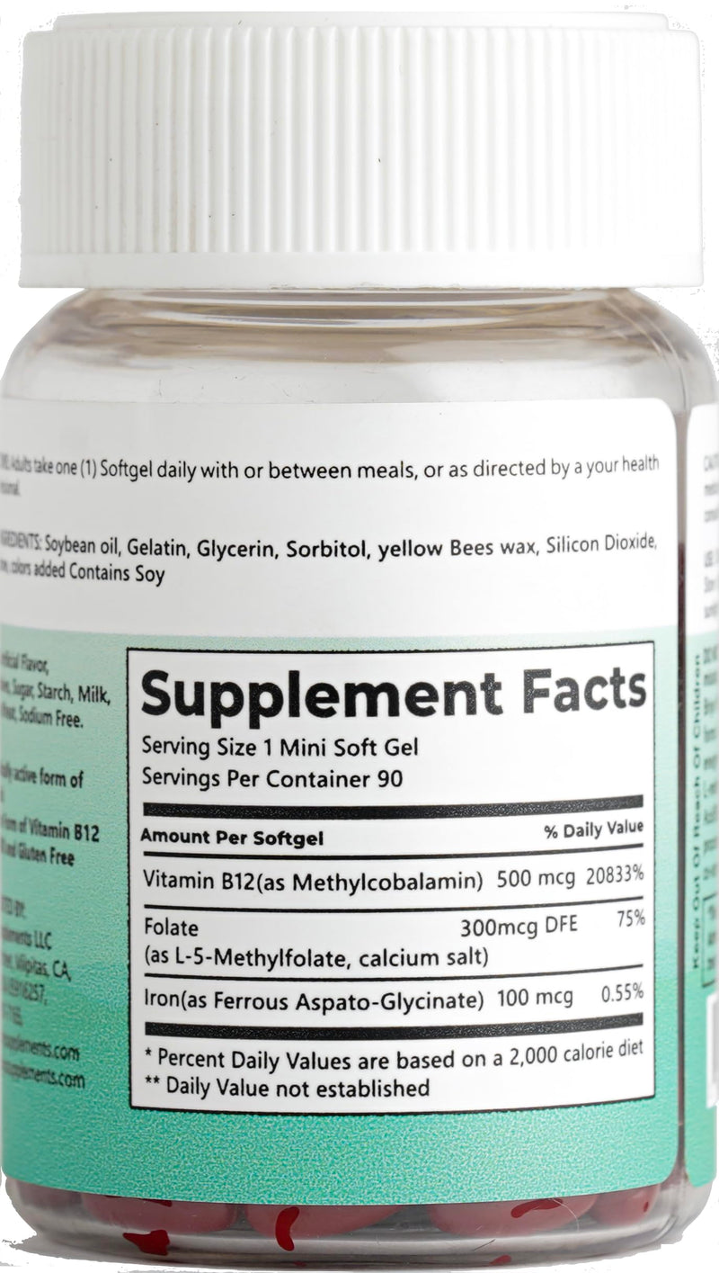 Briyo Vitamin B12 500 mcg (methylcobalamin) with Folate (methylfolate) 90 mini softgels