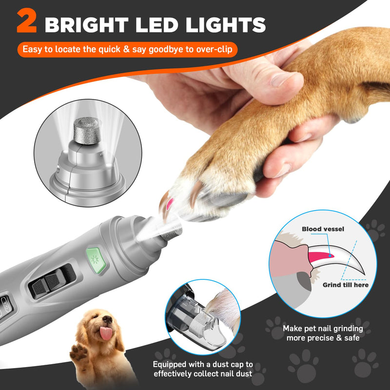 Dog Nail Grinder Quiet, Painless Dog Nail Trimmers with 3 Grinding Wheels 3-Speed 3 Grinding Ports 2 Bright Lights, Cordless Rechargeable Dog Nail Clippers for Large Small Dogs Cats-Gray-2 Gray-2 - BeesActive Australia