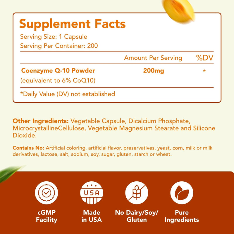 Coenzyme Q10 200mg CoQ10 Supplement -Once Daily CoQ10 200mg Powder Capsules for Heart Health, Antioxidant & Energy Support -Non-GMO, Quick Absorption Ubiquinone Q10 Coenzyme (Single) 200 Count (Pack of 1)