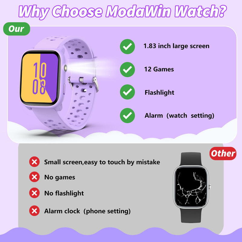 Smart Watch for Kids, 1.83" Fitness Tracker Watch Pedometer, Heart Rate, Sleep Monitor, IP68 Waterproof, Pedometer, Puzzle Games with/Without APP for Girls Boys Teens 6-16 Purple