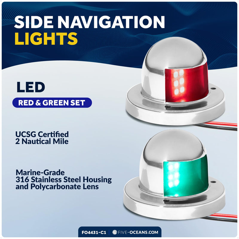Five Oceans Boat Navigation Lights - LED Bow Light, Navigation Lights for Boats LED Red and Green, Boat Lights Navigation Horizontal Mount Sidelight, 12V, USCG Rules 2NM - FO4431-C1 Sidelights