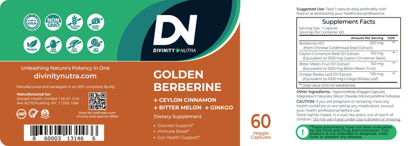 4-in-1 Berberine Supplement 1500mg,Glucose Support,Ceylon Cinnamon Bitter Melon Ginkgo, Boosts Immunity, Gut & Heart Health, 60 Capsules, High Potency 10X Strength for Metabolism Support with 5500mg - BeesActive Australia