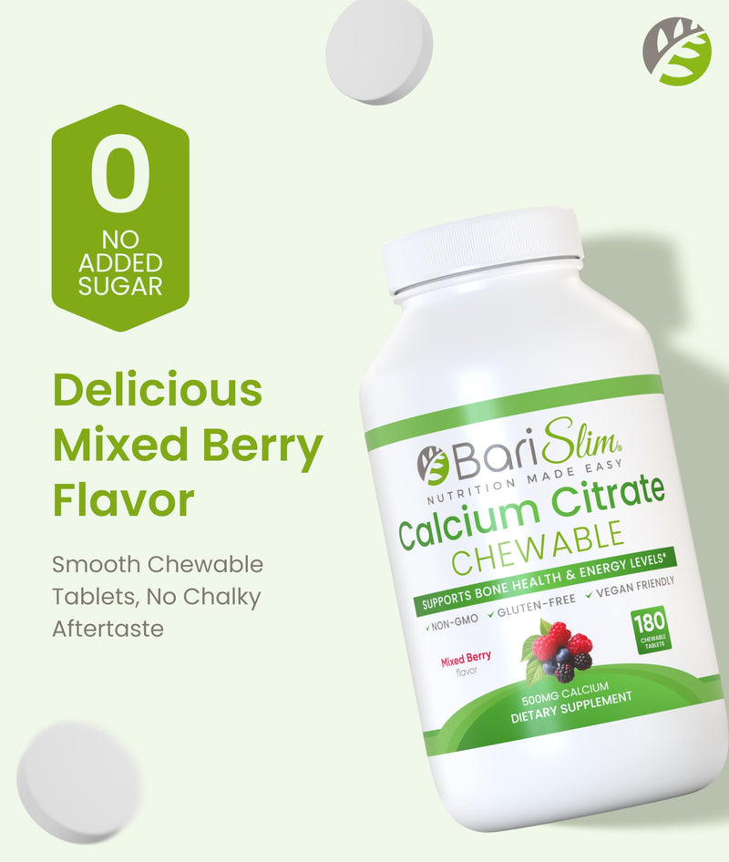 BariSlim Bariatric Calcium Citrate with Magnesium Citrate & Vitamin D Chewable Tabs - 500mg Calcium Citrate - Formulated for Post Weight Loss Surgery - Supports Bone Health | Mixed Berry | 180 Tabs
