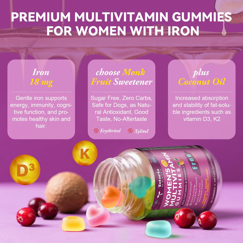 Totaria Sugar Free Womens Multivitamin Gummies with Iron, Women's Multivitamin w/Vitamins C, D3 K2, B12, B6, Filled Gummies for Daily Nutritional Support| Immune Support| Skin Health, Mixed Flavors 60 Count (Pack of 1)