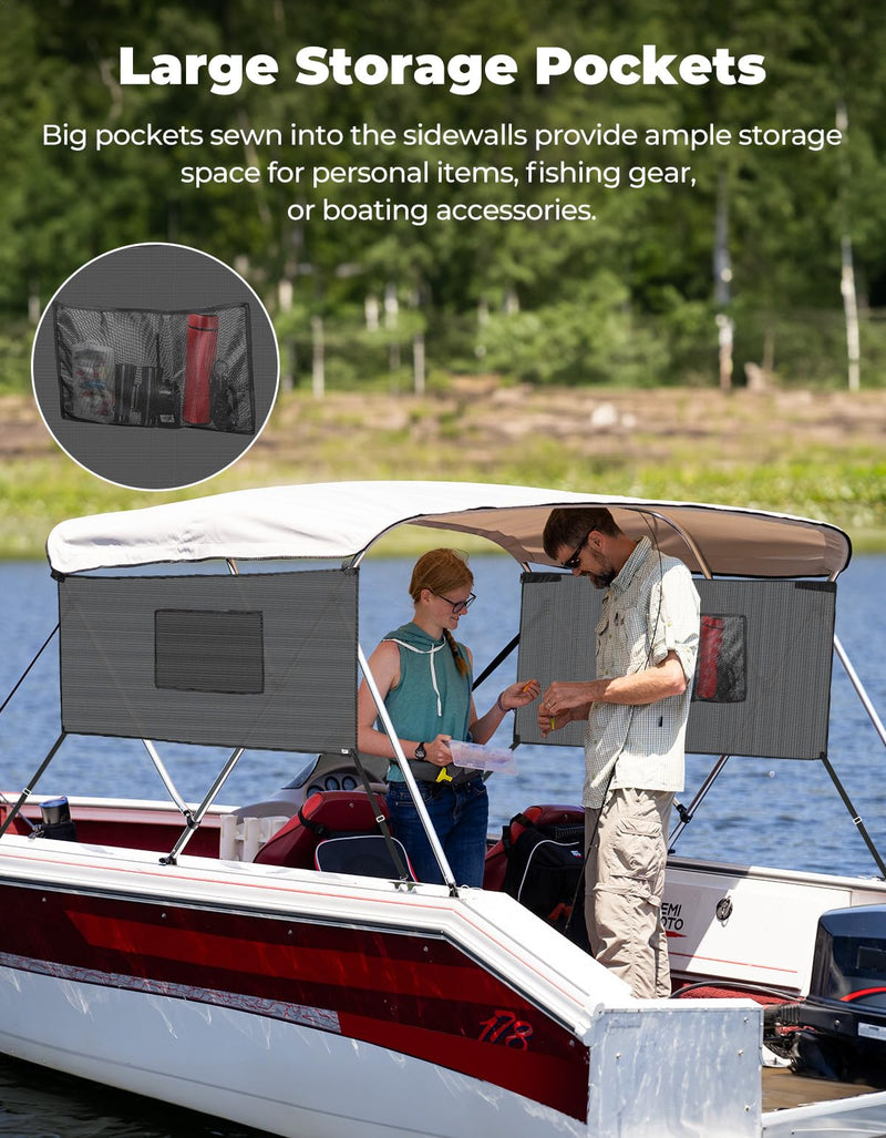 KEMIMOTO Detachable Mesh Sidewalls Universal for 3 Bow Bimini Tops, with Large Pockets for Fishing Gear, Includes 2 Straps(Bimini Tops Not Included) - BeesActive Australia