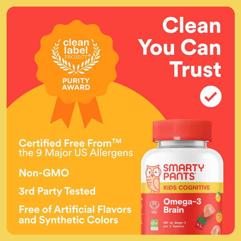SmartyPants Kids Vitamins Cognitive Omega-3 Brain Gummies with DHA & EPA, Citrus Strawberry, 60 Count (30 Day Supply)
