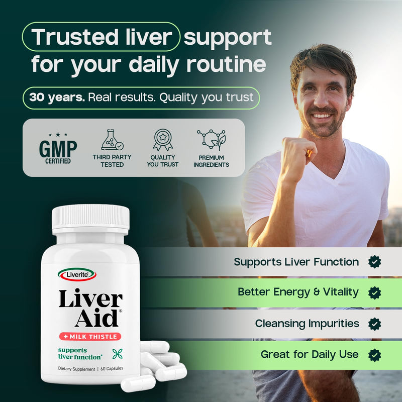LIVERITE Liver Aid with Milk Thistle 60 Capsules, Liver Support Supplement with Amino Acids, Choline, Milk Thistle & Vitamin B12 – Supports Healthy Liver Function, Energy & Metabolism 60 Count (Pack of 1)