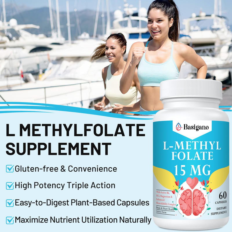 L Methylfolate 15mg (5-MTHF) - Active Folic Acid with B6 and B12 - Vegan, Gluten-Free, Dairy-Free (1 Pack)