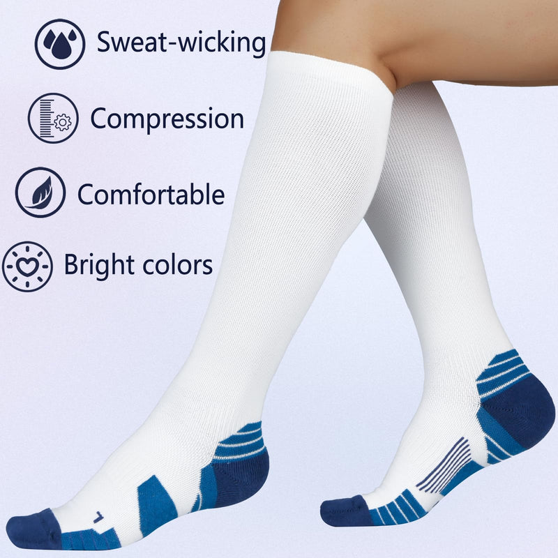+MD Cotton Compression Socks for Women & Men 4/6 Pairs 15-20mmHg Knee High for Sports, Travel, Nursing Long Sitting Standing 2 Pairs NewWhite Cushion 15-20mmHg 9-11 - BeesActive Australia