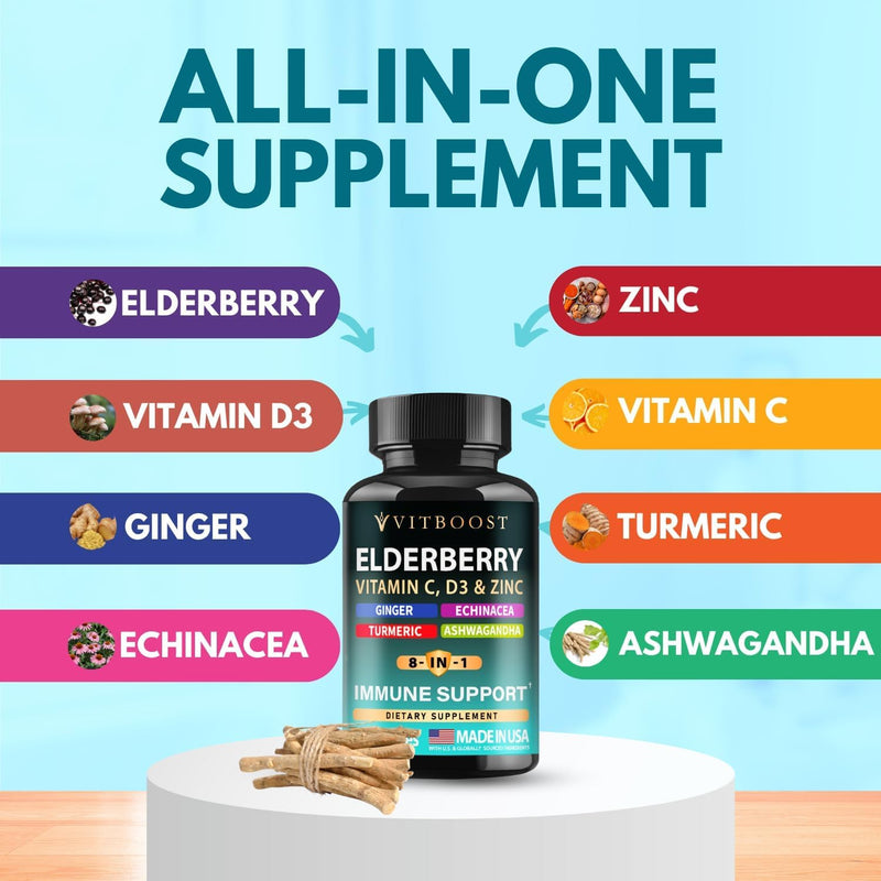 Immune Support Supplement 8 in 1 with Vitamin D 5000 IU - 2 Pk 60 CT Each | 8-in-1 Formula with Echinacea, Vitamin C & Zinc, Vitamin D 5000 IU, Turmeric, Ginger, Ashwagandha 60 Count (Pack of 2)