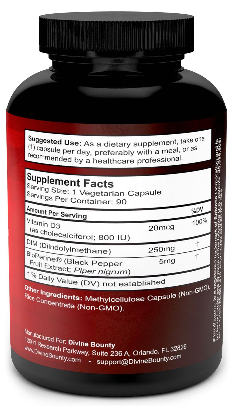 DIM Supplement 250mg with Vitamin D3 Plus BioPerine - 90 Vegetarian Caps | Diindolylmethane Menopause & Estrogen Support, Hormone Balance Support for Women and Men 1