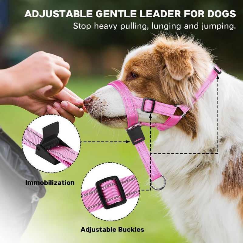 No-Pull Dog Headcollar - Reflective Head Halter Collar for Dogs, Padded Dog Head Collar to Stop Heavy Pulling, Anti-Pull Muzzle Leash (Pink, Medium) Pink - BeesActive Australia